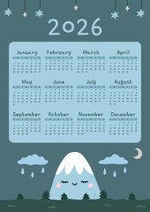 Cute calendar for 2026, week starts on Sunday. Vertical annual calendar template for printing. Perfect for kids nursery or home decor. Schedule for planning, organization. Kawaii design for children.