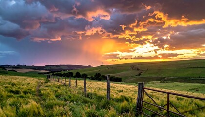 Lush green field, wooden fence, golden hour sky, vibrant clouds, rolling hills, nature scene