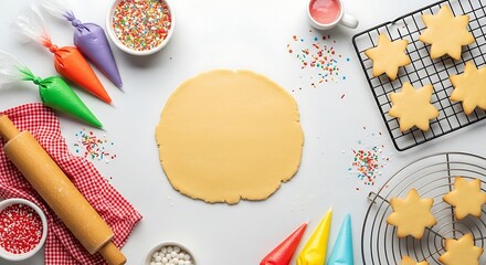 Flat lay of sugar cookie ingredients and tools including dough, piping bags with vibrant icing, various sprinkles, and star-shaped cookies ready for decorating. Ideal for baking blogs and recipes.