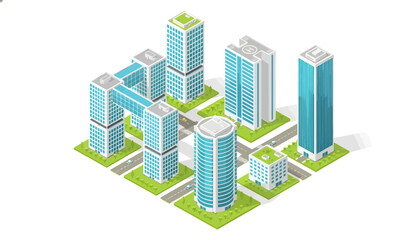 Obraz premium Isometric 3D illustration of a modern cityscape with sleek skyscrapers on green plots against a white background