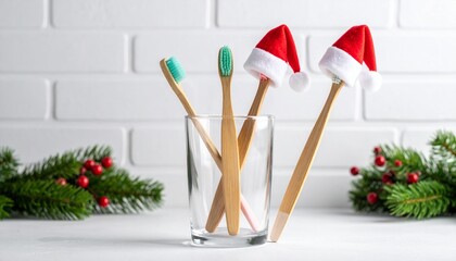 Bamboo toothbrushes with Santa hats in glass cup surrounded by festive decor on white brick background.