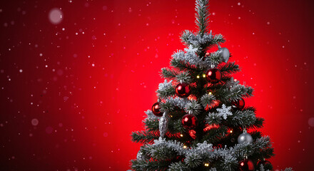 Christmas tree adorned with red ornaments and snow on red background  