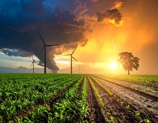 Lush green field with wind turbines against dramatic stormy and sunny sky with lightning