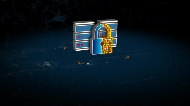 AI data protection system with secure server lock, cybersecurity shield, digital network security technology