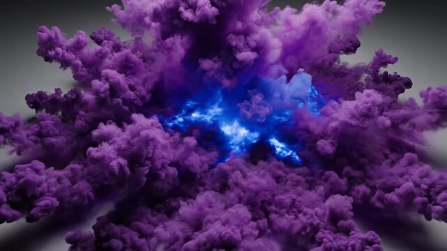 Vibrant purple and electric blue volumetric smoke expanding rapidly from a central point over a neutral gray field explosion, central point, fluid dynamics
