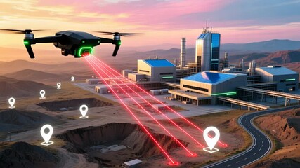 Drone scanning industrial site with red data beams and location icons, smart navigation, gps tracking - Powered by Adobe