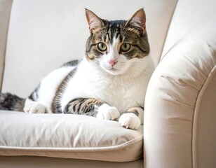 Cat relaxes on a cream-colored armchair, gazing directly at the viewer