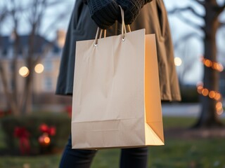 Shopper holding blank paper bag outdoors in festive winter setting