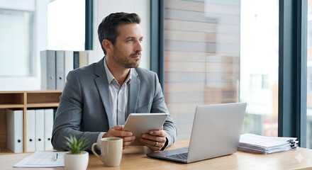 A CEO is looking in front of him as if he is thinking about his work needs during the day in his office