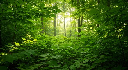 Lush green forest scene with dappled sunlight streaming through the leaves
