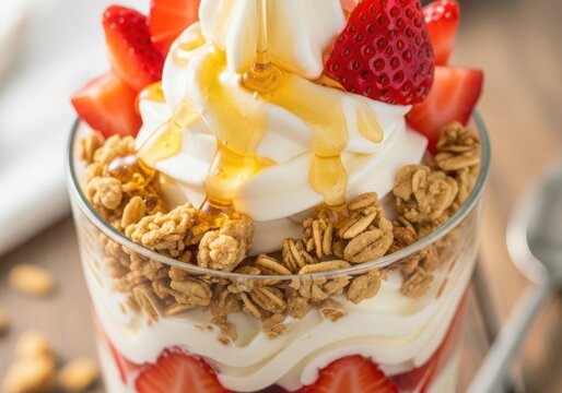 Close up of yogurt parfait with strawberries, granola, and honey drizzle in a glass - Powered by Adobe