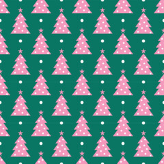 Christmas Seamless Pattern with Pink Christmas Trees on Green &ndash; Cute Festive Holiday Tree Repeat Design
