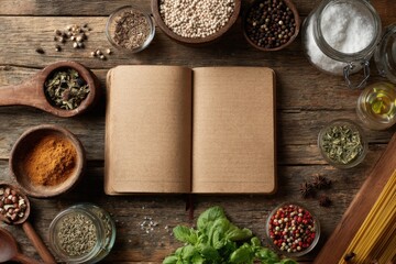 Cooking classes notebook open on a wooden table surrounded by various spices, herbs, and ingredients for culinary creativity and exploration