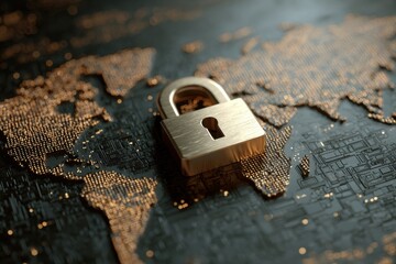 Lock icon symbolizes digital security on a world map background representing data protection and global connectivity in technology and communication