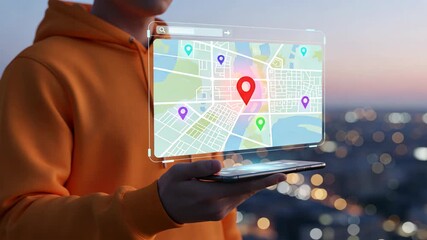 Man holding smartphone with glowing 3d map and colorful pins in soft city dusk light, smart navigation, gps tracking