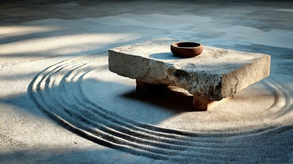 Tranquil Japanese Zen garden with a stone table and raked sand.