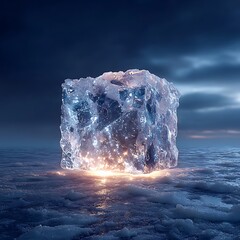 Glowing Ice Cube Floating Above Water at Night with Dramatic Sky.