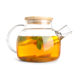 Glass teapot of tasty fruit tea isolated on white background, closeup