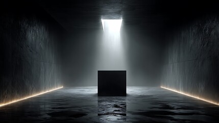 Mysterious Dark Cube Illuminated by a Single Light Beam in a Concrete Hallway.