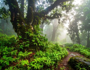 Lush green forest scene with trees, ferns, and a path, misty sunlight filtering through