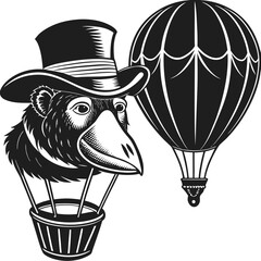 Naklejka premium Raven in top hat in hot air balloon basket, whimsical design