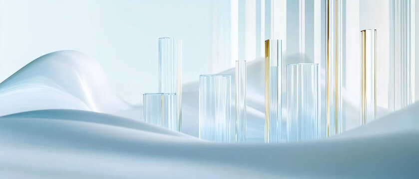 Abstract blue transparent glass plates layered background with light reflection