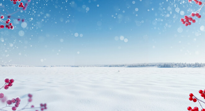 Winter landscape with snow-covered ground and blue sky background   - Powered by Adobe