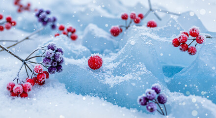 Red and purple berries on icy surface in winter landscape  