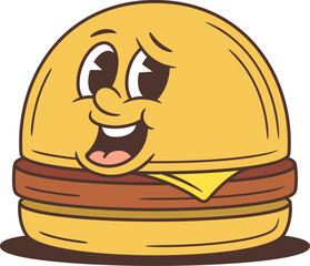 Playful hamburger cartoon character winking with a big cheerful smile. Friendly mascot vector illustration features melting cheese and a juicy patty. Perfect for food branding and advertising projects