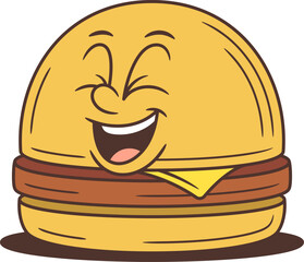 Cheerful cartoon hamburger character with squinted laughing eyes and a wide smile. Friendly food mascot vector illustration perfect for advertising, kids branding, and emoji