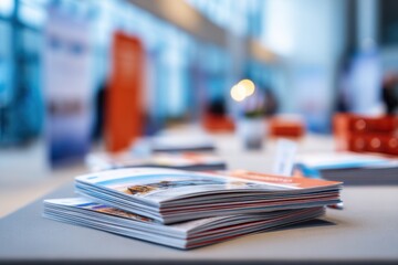 Trade show brochures displayed on table with event activities in background showcasing industry advancements and networking opportunities