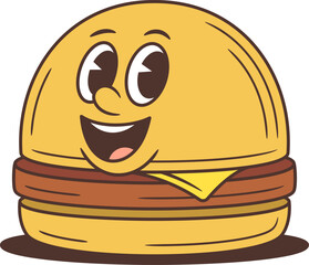 Animated food character with squinting eyes and cheerful smile. Cute hamburger mascot vector illustration perfect for advertising, restaurant branding, and digital stickers