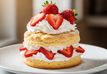 Delicious strawberry shortcake dessert with whipped cream and fresh fruit on a plate