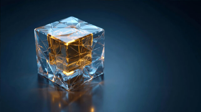 Glowing gold cube inside transparent glass ice block abstract background