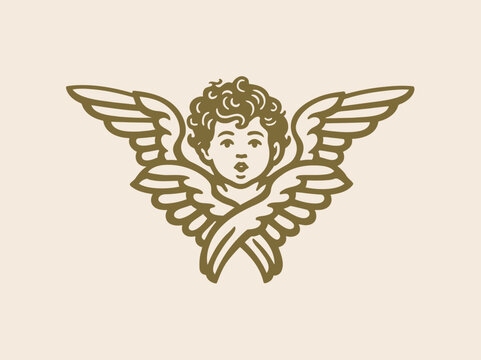 Seraphim angel head with wings vintage engraving vector illustration
