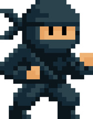 A ninja warrior or assassin fantasy cartoon character in a video game sprite pixel art style. 21 squares wide by 27 high © Christos Georghiou