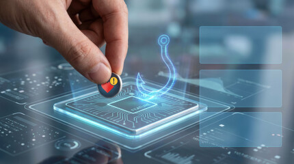 Phishing attack concept with digital marketing and business management tools to fit market recruitment strategies and protect data security