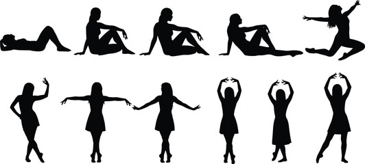 Set of female silhouettes in various poses, dancing, sitting, and exercising, black vector illustration isolated on white background