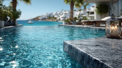Luxury Infinity Pool Overlooking the Aegean Sea in Mykonos Greece.