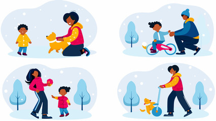 Diverse families enjoying winter outdoor activities together playing with dogs riding bikes and using scooters in the snow