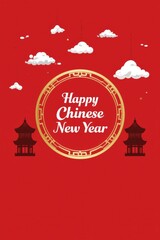 Happy chinese new year festive red background with clouds and pagodas