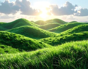 Lush green hills bask in sunlight, fluffy clouds drifting above the vibrant, grass-covered landscape