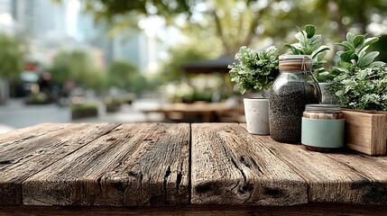 Rustic wooden table with plants and jars in a blurred outdoor setting.