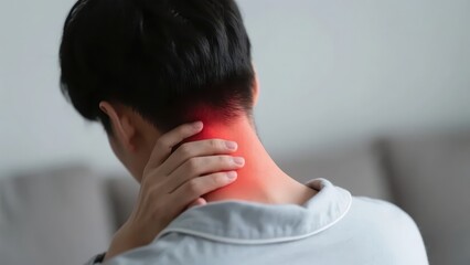 A man presses the painful area of his neck, showing the state of neck discomfort and a health-related visual atmosphere.
