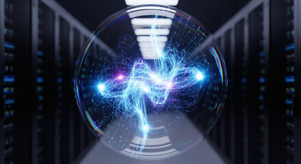 Dynamic digital data flow visualization within a glowing sphere, set against a backdrop of powerful server infrastructure, symbolizing future technology and innovation