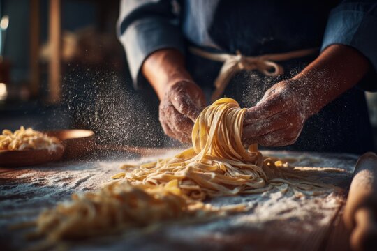 Fresh pasta preparation at a culinary studio with hands mixing dough and creating noodles in a cozy kitchen setting