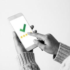 Customer giving positive feedback, rating business five stars on phone