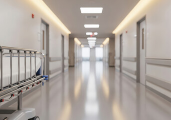 Empty modern hospital corridor with medical bed and bright lights