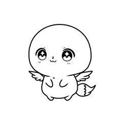 Cute cartoon fantasy creature line art drawing with large innocent eyes, small wings, and a fluffy tail. Kawaii-style angel or mascot vector illustration.