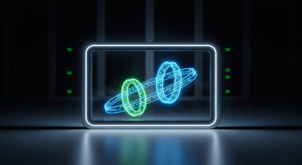 Dynamic interplay of luminous digital rings displayed on a sleek, futuristic screen, symbolizing advanced data architecture and innovative technological concepts in a modern server setting